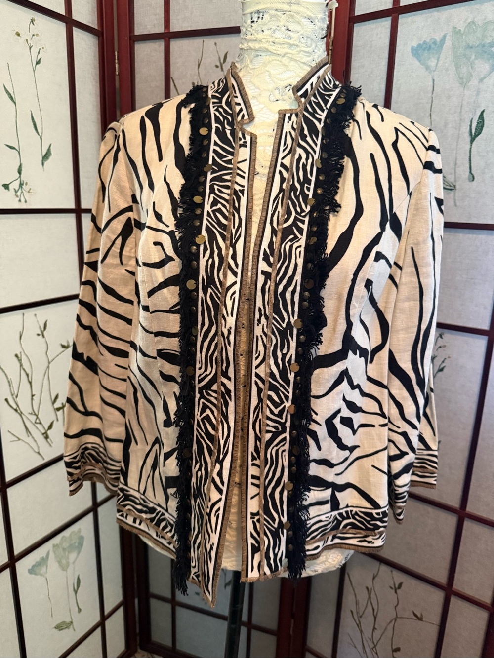 Zebra Print Open Front Jacket - Black & Cream linen